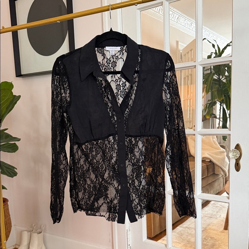 Topshop Black Lace Button Down Shirt